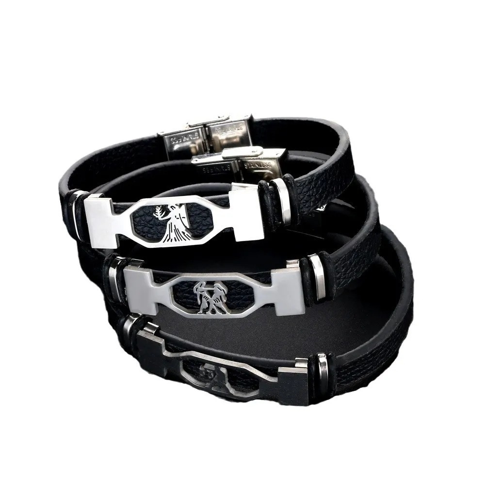 Black Leather Wrap Bracelet with Silver Zodiac Plate